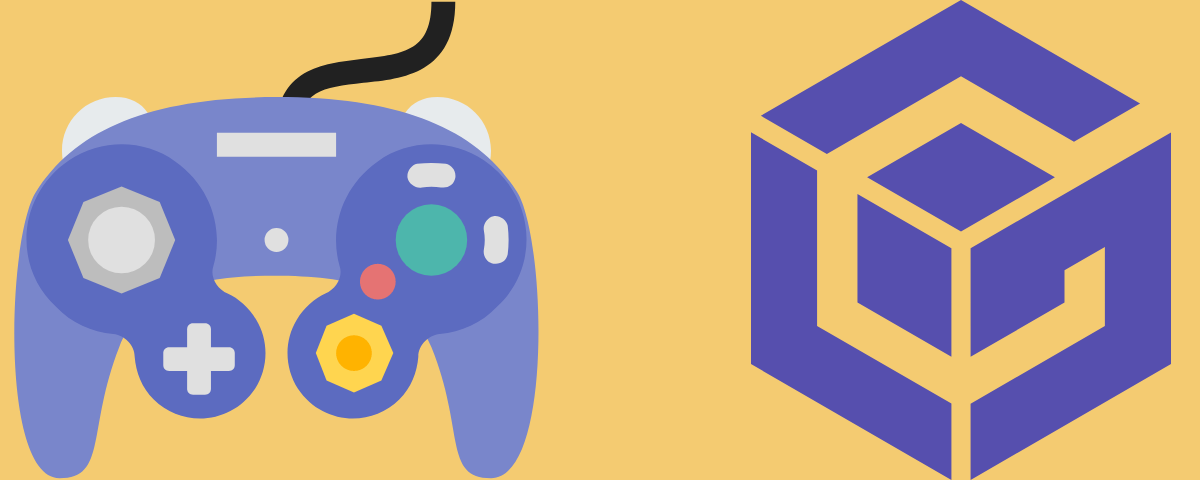 purple gamecube controller and purple gamecube logo on yellow background